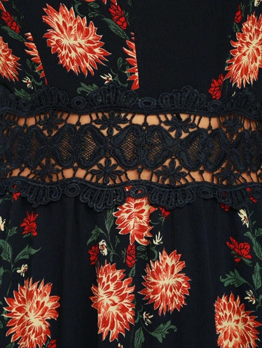 Boho Floral Maxi Dress Navy Blue Orange Floral Lace Waist Cottagecore Size M - Picture 6 of 11